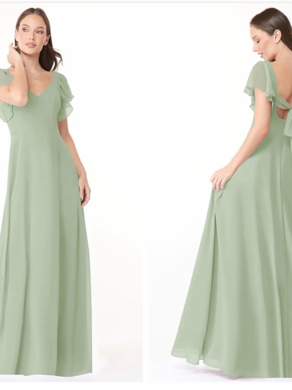 Azazie Sage Green V-Neck Maxi Dress with Flutter Sleeves
